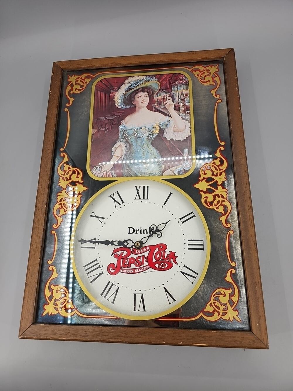1980's Vintage Pepsi Cola Wooden Bar Wall Mirror Clock Needs Repair